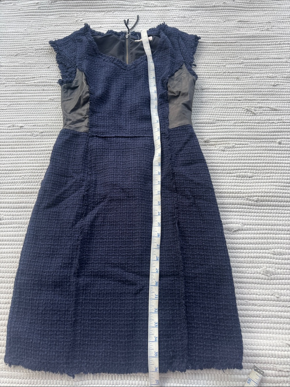 Rebecca Taylor Navy Blue Fringed Tweed Black Leather Panel Sheath Dress Size 4 - Picture 10 of 11